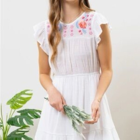 mine Dresses & Skirts - NWOT White Mini Dress Floral Embroidery Lightweight Semi-Sheer Tiered